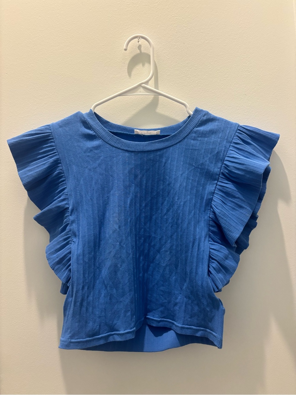 vestique Cobalt Blue Ruffle Sleeve Ribbed Crop Top